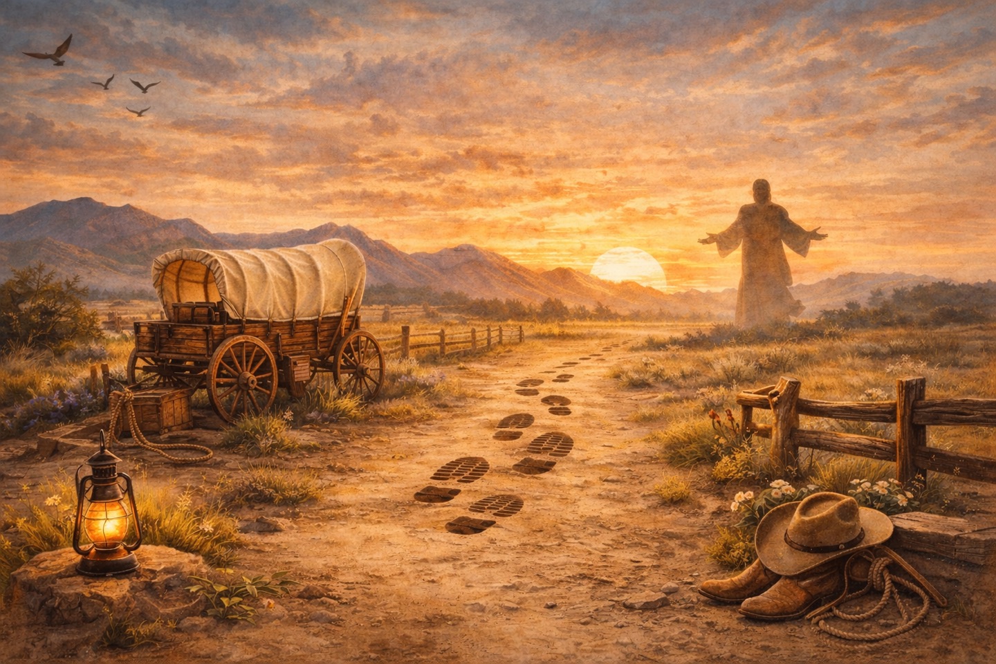 Pioneer wagon tracks leading toward the sunrise with the Savior in the distance.